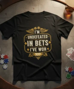 T-shirt with bold text "I'M UNDEFEATED IN BETS I'VE WON" and "777" below, featuring dice and wings graphic