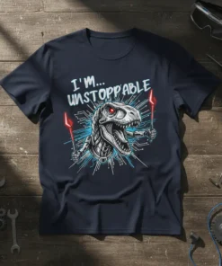 I'm... UNSTOPPABLE text above a robotic T-Rex dinosaur holding glowing red lights, with a circuit board pattern