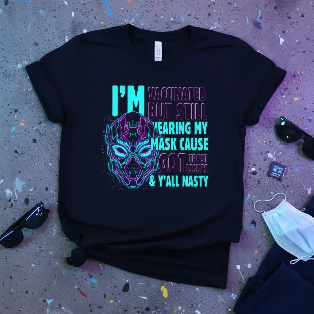 I'm Vaccinated But Still Wearing My Mask Cause Got Trust Issues & Y'all Nasty quote with futuristic mask graphic on t-shirt