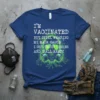 I'm Vaccinated But Still Wearing My Mask Cause I Got Trust Issues And Y'all Nasty text on a blue t-shirt