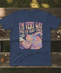 I'm Very Gay And I'm Very Tired quote with a colorful, sleepy cat holding a cup, on a navy t-shirt