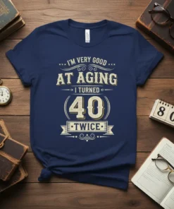 I'm Very Good At Aging I Turned 40 Twice quote on a navy blue t-shirt, vintage distressed typography, celebration graphic