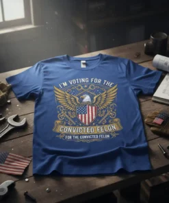 T-shirt with text "I'M VOTING FOR THE CONVICTED FELON FOR THE CONVICTED FELON" in vintage style, featuring an eagle and