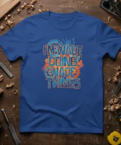 Blue t-shirt with "I'm Wade Doing Wade Things" in bold blue and orange font, featuring gear graphics