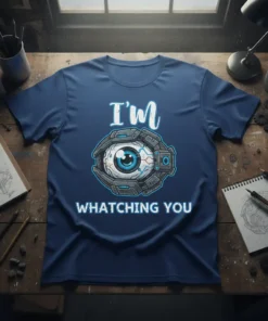 T-shirt with "I'm Whatching You" text and a robotic eye graphic, presented on a dark blue tee