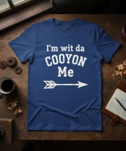 White text "I'm wit da COOYON Me" with an arrow graphic on a navy blue t-shirt