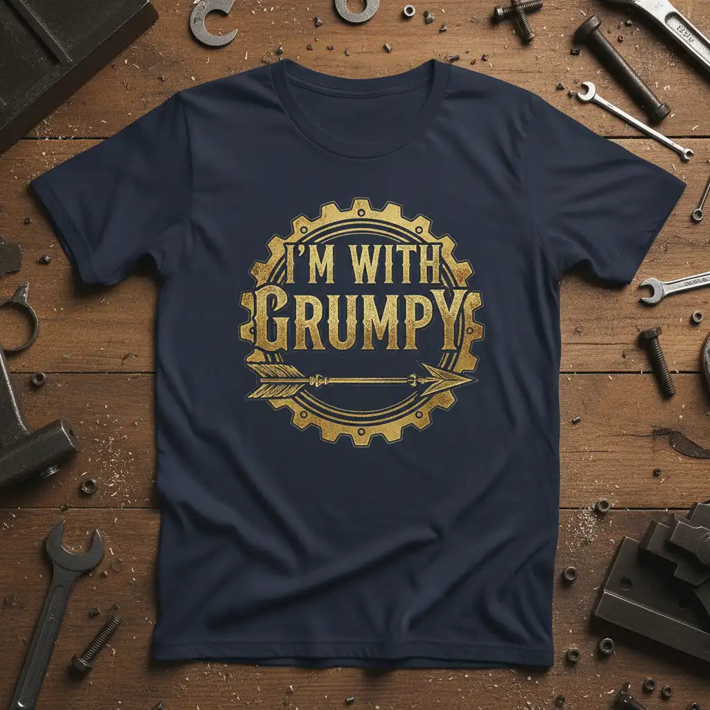 I'm With Grumpy quote with gear and arrow graphic on a navy blue t-shirt
