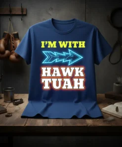 I'm With Hawk Tuah text design with neon arrow graphic on a navy blue t-shirt