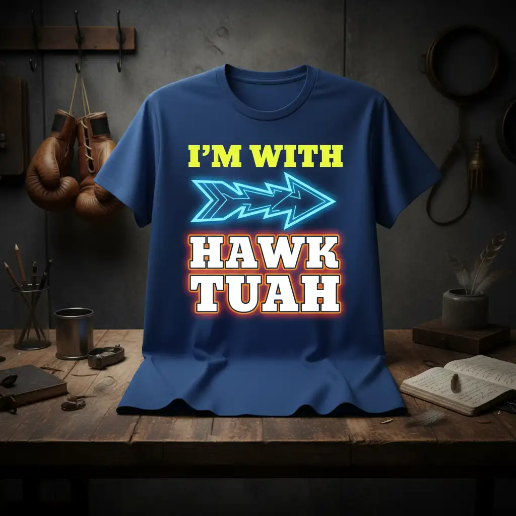 I'm With Hawk Tuah text design featuring neon arrow, printed on a comfortable navy blue t-shirt