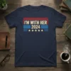 Navy blue t-shirt with "I'm With Her 2024" text in red and white, featuring blue stripes and stars