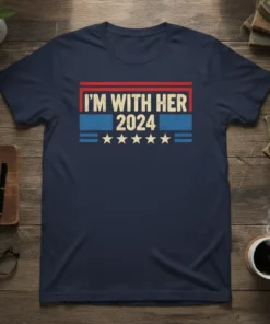 Navy blue t-shirt with "I'm With Her 2024" text in red and white, featuring blue stripes and stars