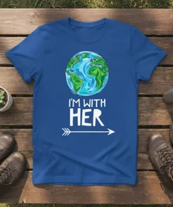 I'm With Her t-shirt design featuring a stylized Earth graphic above the text "I'M WITH HER" and an arrow