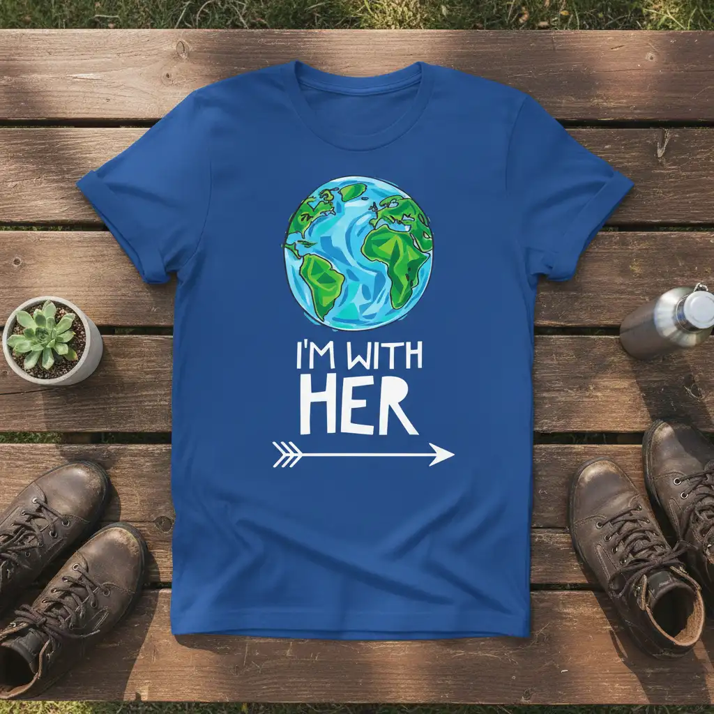 I'm With Her quote with Earth graphic and arrow on a blue t-shirt for couples