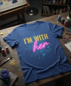 Blue t-shirt with "I'M WITH her" text in gold and neon pink, featuring a circuit board design