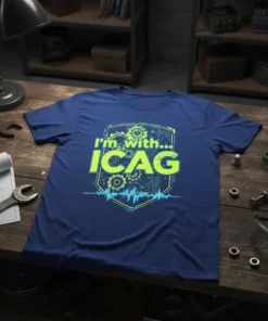 Blue t-shirt with "I'm with... ICAG" in neon yellow, surrounded by gears and circuit board graphics, featuring a heartbeat line