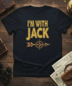 I'm With Jack t-shirt with compass arrow graphic, yellow text on navy shirt, adventure theme