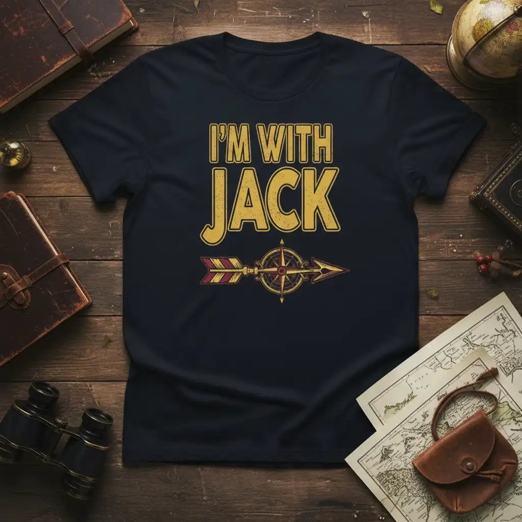 I'm With Jack quote t-shirt featuring compass arrow graphic and bold yellow text for adventurers