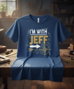 Blue t-shirt with white and gold text "I'M WITH JEFF" and a compass graphic