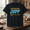 Black t-shirt with "I'm With Jeff" text in glitter gold and neon blue, featuring a gold arrow graphic below