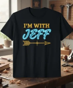 Black t-shirt with "I'm With Jeff" text in glitter gold and neon blue, featuring a gold arrow graphic below