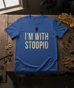 Blue t-shirt with "I'M WITH STOOPID" text in distressed cream font and a black arrow pointing upwards