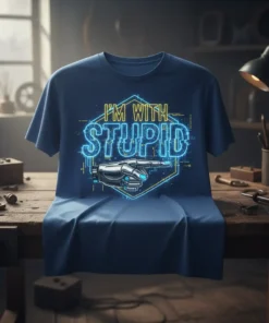 I'm With Stupid text design with a blue neon glow and a robotic hand pointing, on a navy blue t-shirt