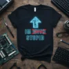 Black t-shirt with "I'm With Stupid" text, the word "WITH" crossed out, and a circuit board arrow graphic
