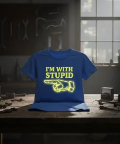 Blue t-shirt with yellow text "I'M WITH STUPID" and a pointing hand graphic