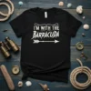 Black t-shirt with white text "I'M WITH THE BARRACUDA" and an arrow graphic, perfect for fishing enthusiasts