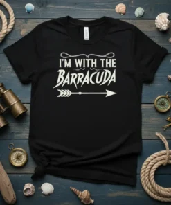 Black t-shirt with white text "I'M WITH THE BARRACUDA" and an arrow graphic, perfect for fishing enthusiasts