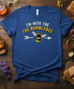 Blue t-shirt with distressed text "I'M WITH THE THE BUMBLEBEE" and a graphic of a bumblebee with arrows