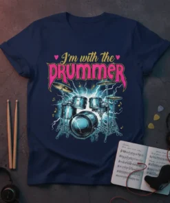 I'm With The Drummer text design with a cool drum set graphic and lightning effects on a navy t-shirt