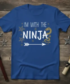 Blue t-shirt with white text "I'M WITH THE NINJA", gold dragon graphic, and ninja stars