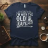 Navy t-shirt with "I'm With The Old Guy" text and vintage illustration of an old man with a beard and