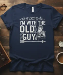 Navy t-shirt with "I'm With The Old Guy" text and vintage illustration of an old man with a beard and