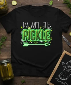I'm With The Pickle text design with neon green pickle graphics and an arrow, featured on a black t-shirt