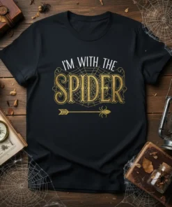I'm With The Spider text design with a spider graphic on a black t-shirt, styled for Halloween
