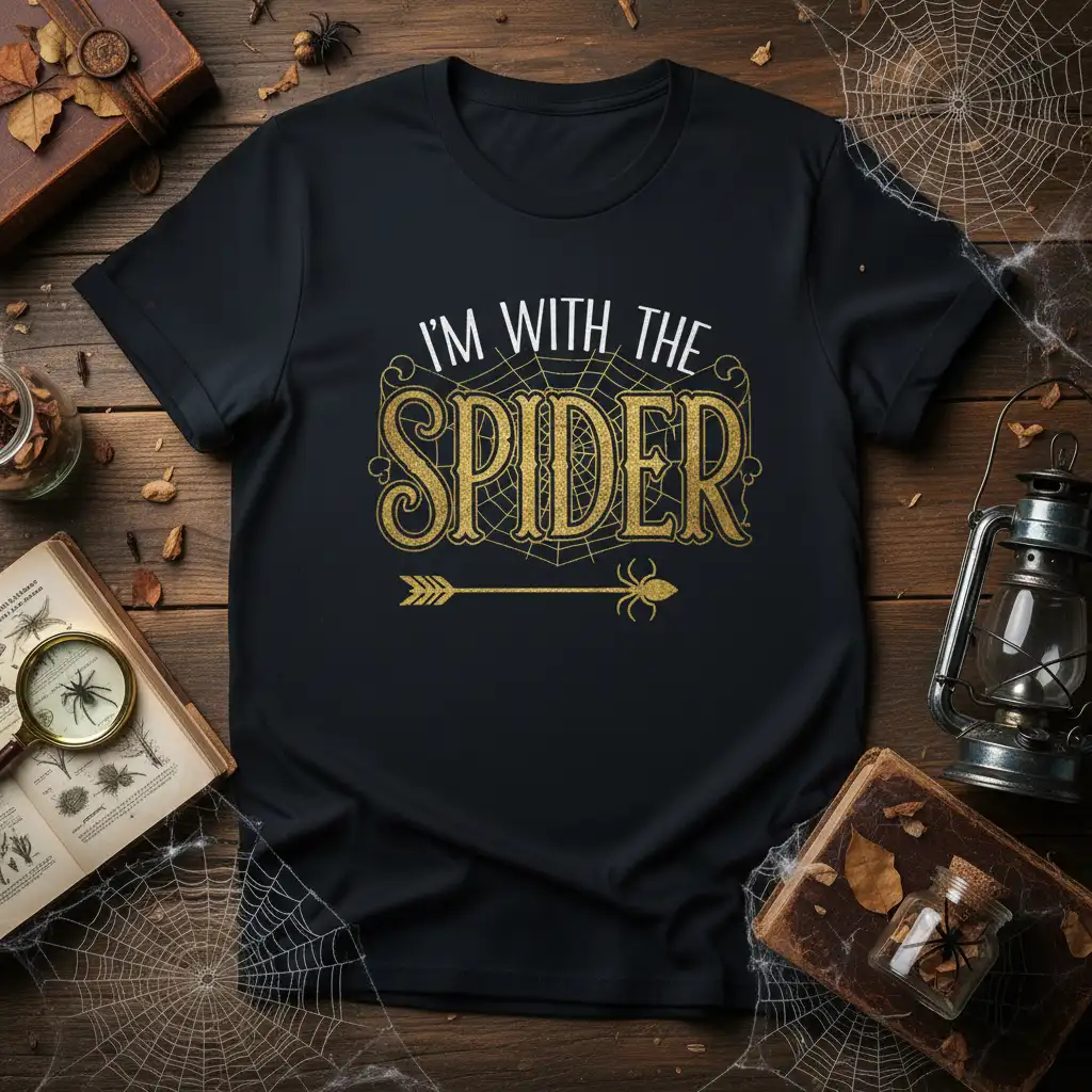 I'm With The Spider quote with decorative font and spider graphic on a black t-shirt