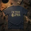 I'm Your Alpha T-Shirt featuring a gold wolf graphic and text on a navy blue tee