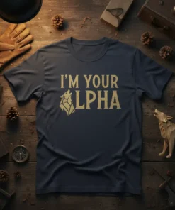 I'm Your Alpha T-Shirt featuring a gold wolf graphic and text on a navy blue tee