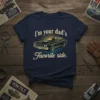 I'm your dad's Favorite ride quote with a vintage black muscle car graphic on a navy t-shirt