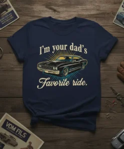 I'm your dad's Favorite ride quote with a vintage black muscle car graphic on a navy t-shirt