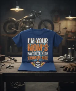 I'm Your Mom's Favorite Ride text with skull and flames graphic on a navy blue t-shirt