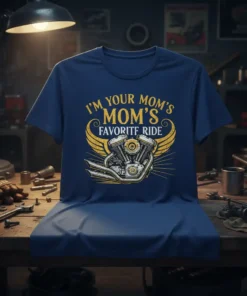 I'm Your Mom's Mom's Favorite Ride t-shirt with a vintage motorcycle engine graphic and wings