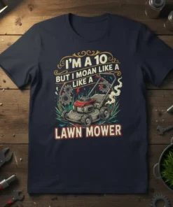 I'm a 10 but I moan like a lawn mower quote t-shirt with a vintage lawn mower graphic and gears
