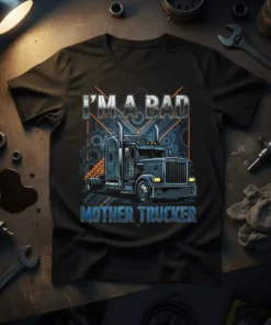 I'm A Bad Mother Trucker t-shirt design featuring a semi-truck graphic and bold text