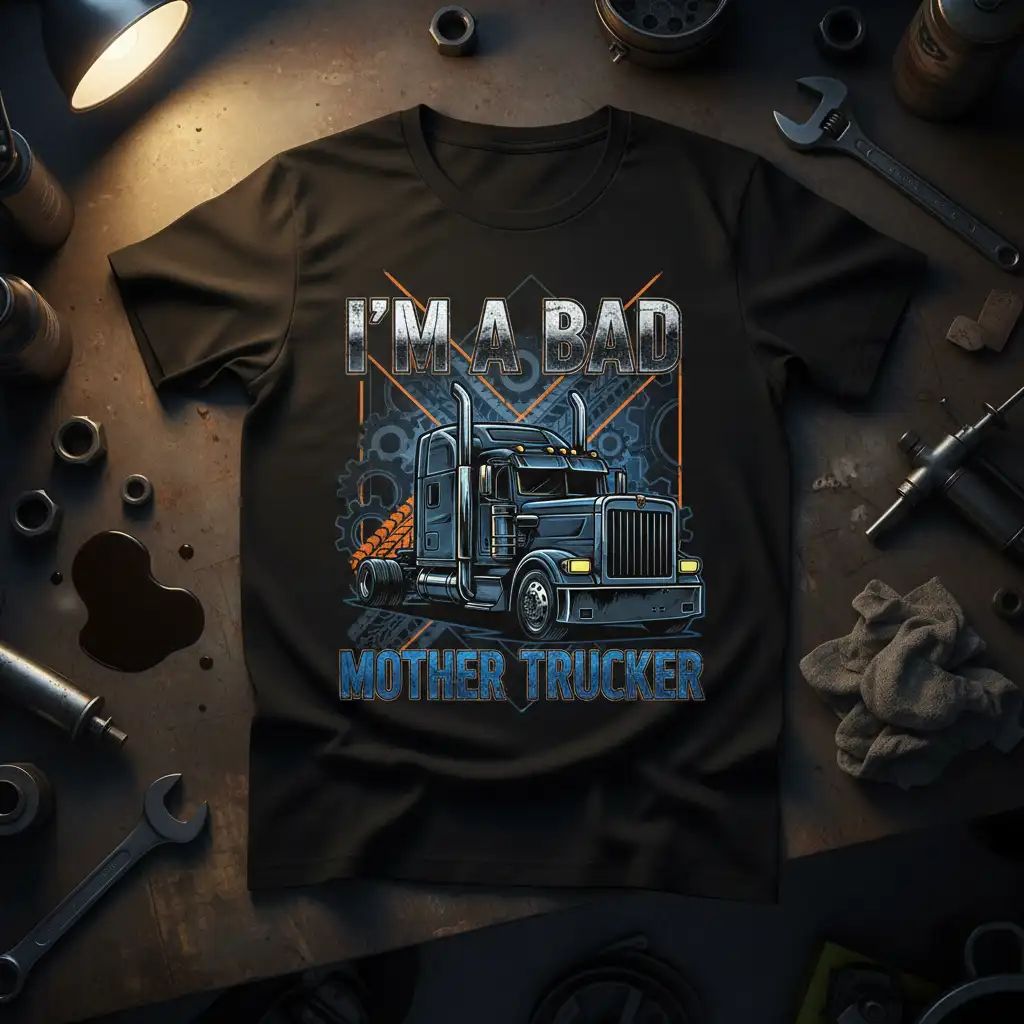 I'm A Bad Mother Trucker quote with a powerful semi-truck graphic on a comfortable t-shirt