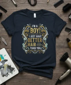 I'm a Boy! I Just Have Better Hair Than You quote on a dark t-shirt, featuring ornate gold and white