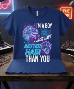 I'm a boy I just have better hair than you quote with neon T-Rex and Triceratops graphic