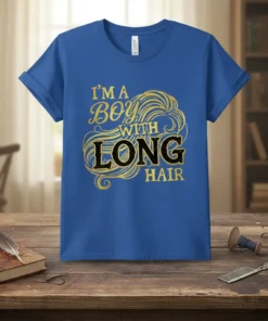 I'm a boy with long hair quote design with flowing golden hair illustration on a blue t-shirt